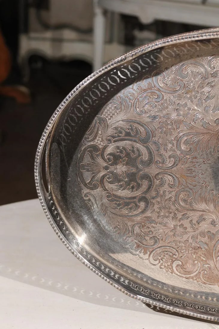 Antique English Edwardian Period Silverplate Tray with Pierced Motifs & C-Scrolls - 4