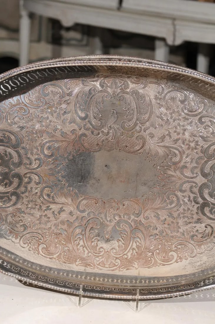Antique English Edwardian Period Silverplate Tray with Pierced Motifs & C-Scrolls - 5