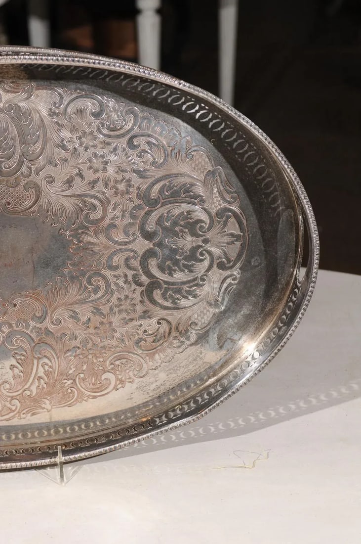 Antique English Edwardian Period Silverplate Tray with Pierced Motifs & C-Scrolls - 6