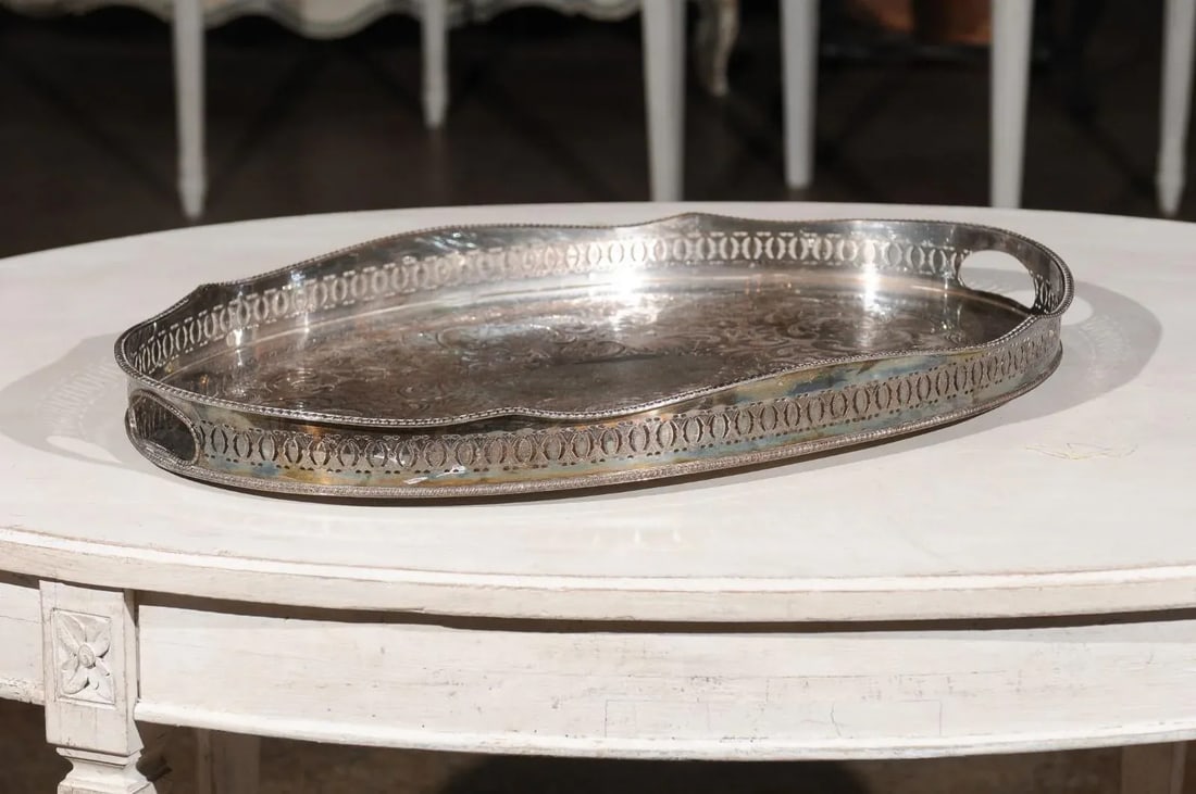 Antique English Edwardian Period Silverplate Tray with Pierced Motifs & C-Scrolls - 7