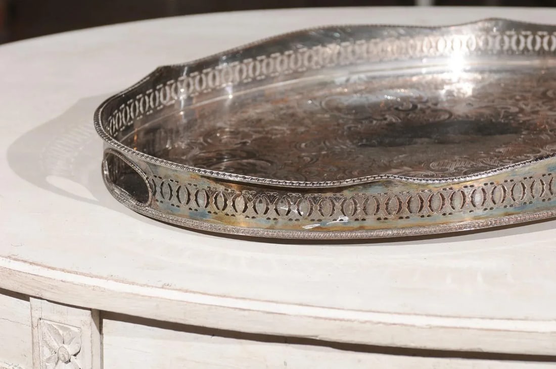 Antique English Edwardian Period Silverplate Tray with Pierced Motifs & C-Scrolls - 8