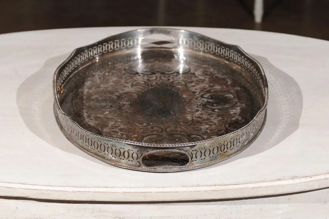 Antique English Edwardian Period Silverplate Tray with Pierced Motifs & C-Scrolls - 9