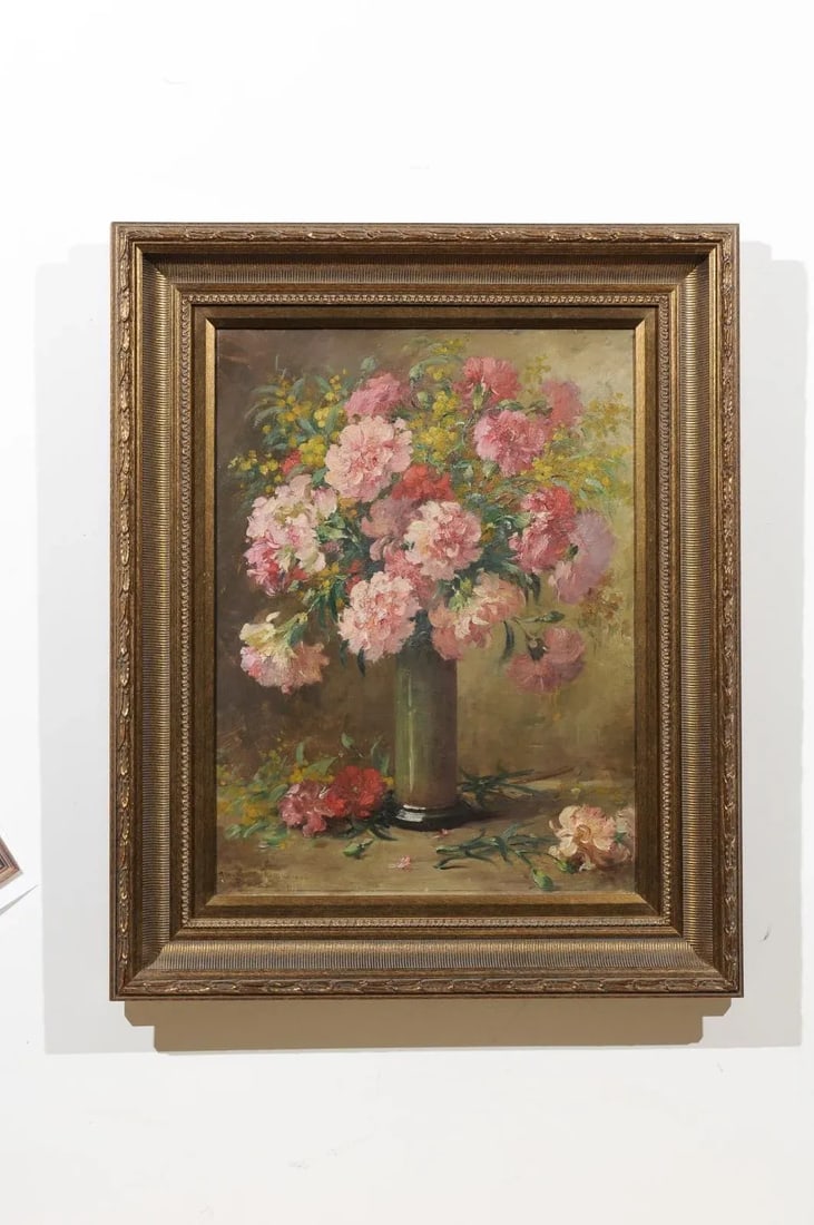 French 19th Century Framed Oil on Canvas Still-Life Painting with Pink Bouquet - 2