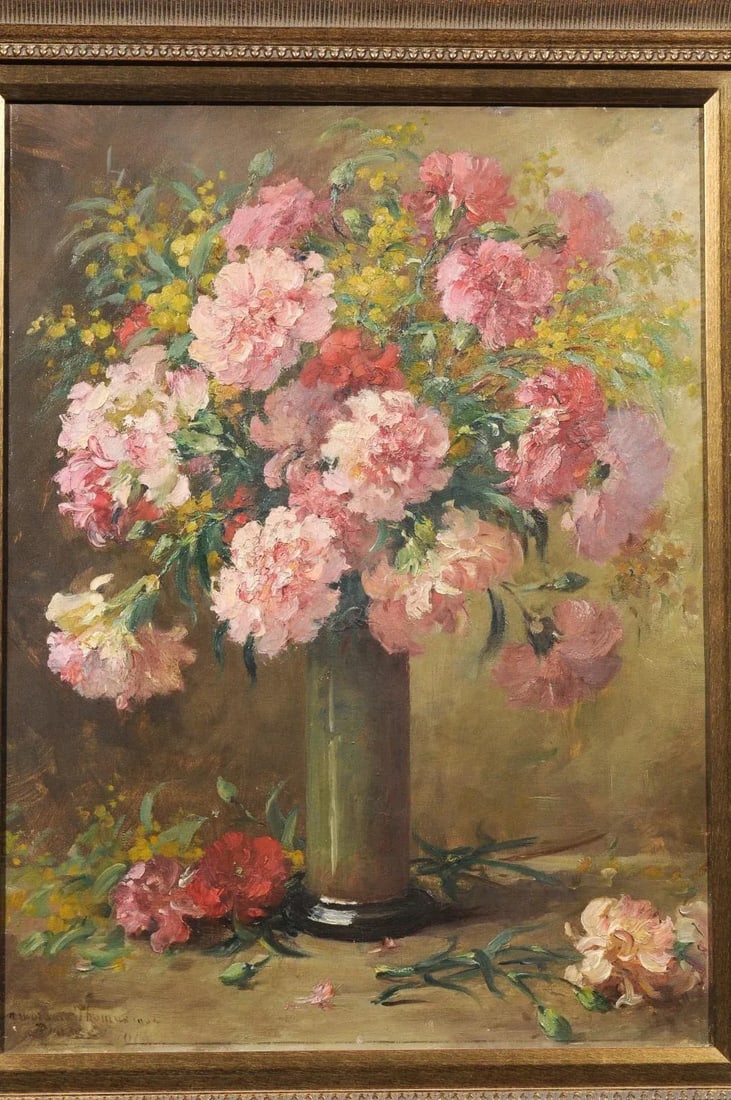 French 19th Century Framed Oil on Canvas Still-Life Painting with Pink Bouquet - 7