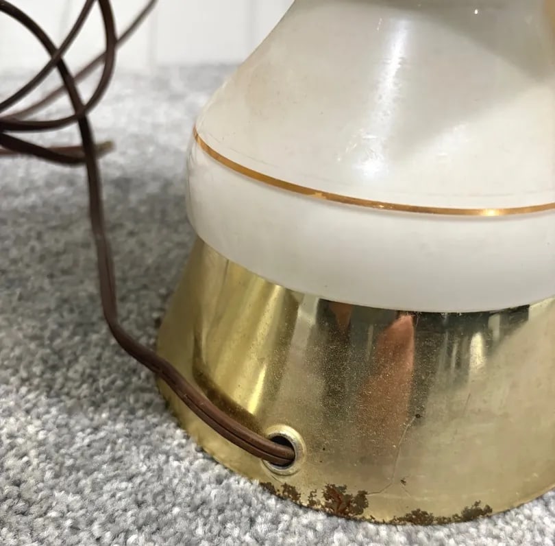 Vintage West Germany MCM Table Lamps - Pair With Shades - White Satin Glass Gold Floral - 3