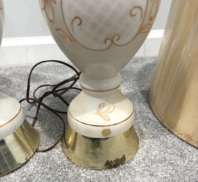 Vintage West Germany MCM Table Lamps - Pair With Shades - White Satin Glass Gold Floral - 6