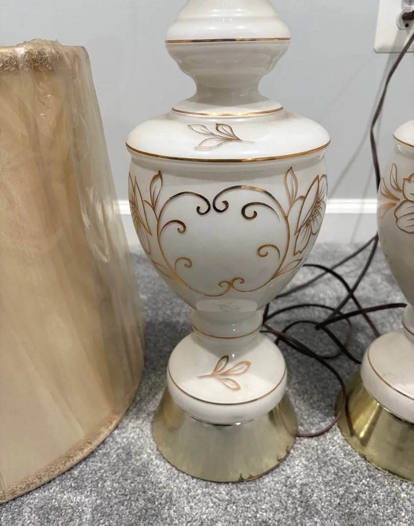 Vintage West Germany MCM Table Lamps - Pair With Shades - White Satin Glass Gold Floral - 8