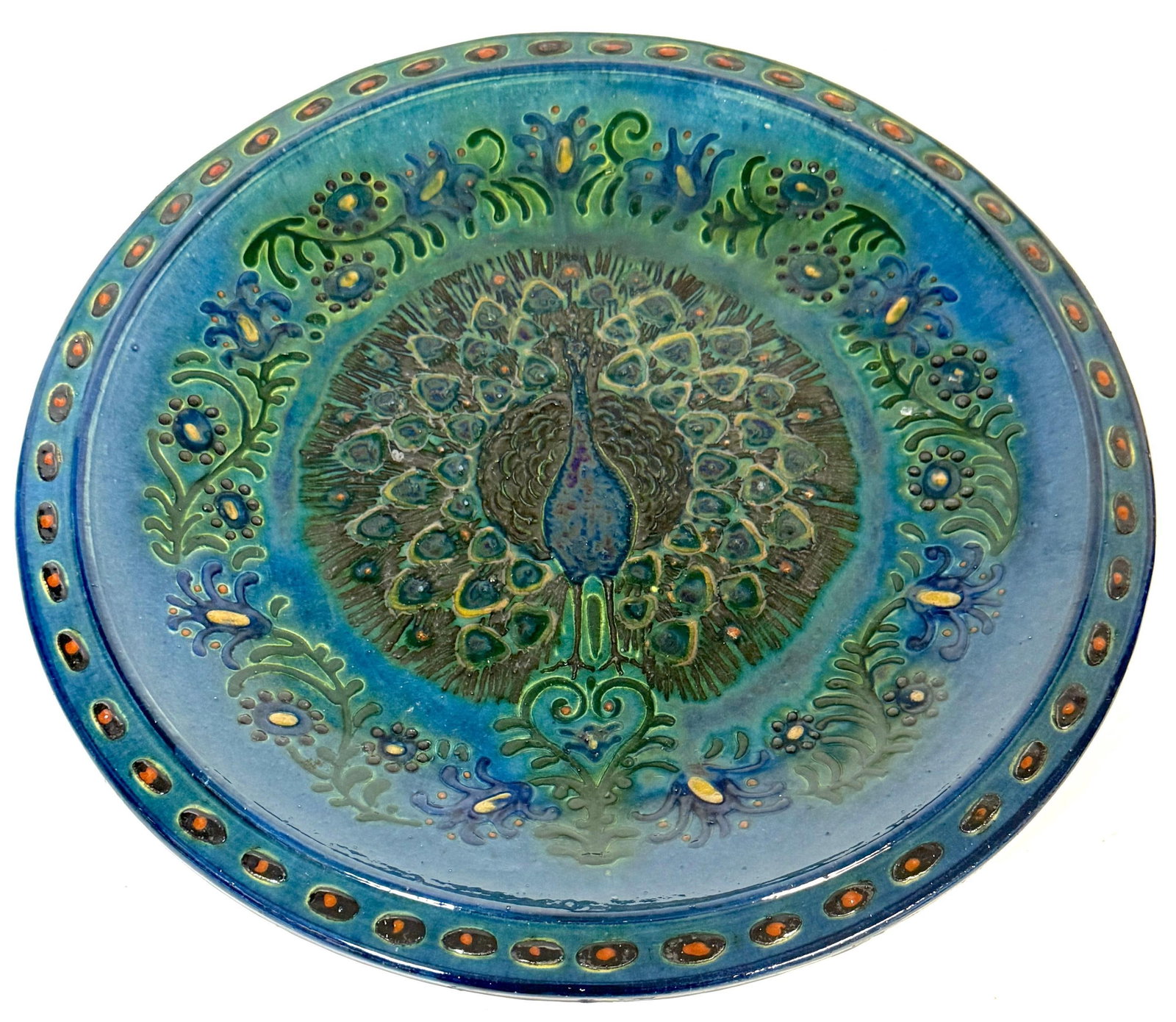 Welsh Arts & Crafts Peacock Charger by John Lang, Aberamffra, circa 1910–1925 - 7