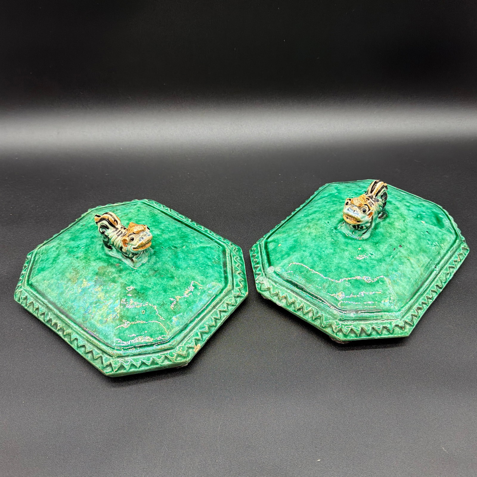 Antique Chinese Sancai Glazed Porcelain Tureen Lids With Foo Dog Finials - a Pair - 12