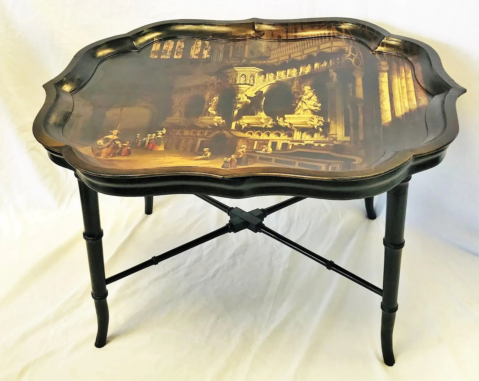 Antique English Tray Table With Scalloped Edge and Hand Painted Cathedral Artwork - 2