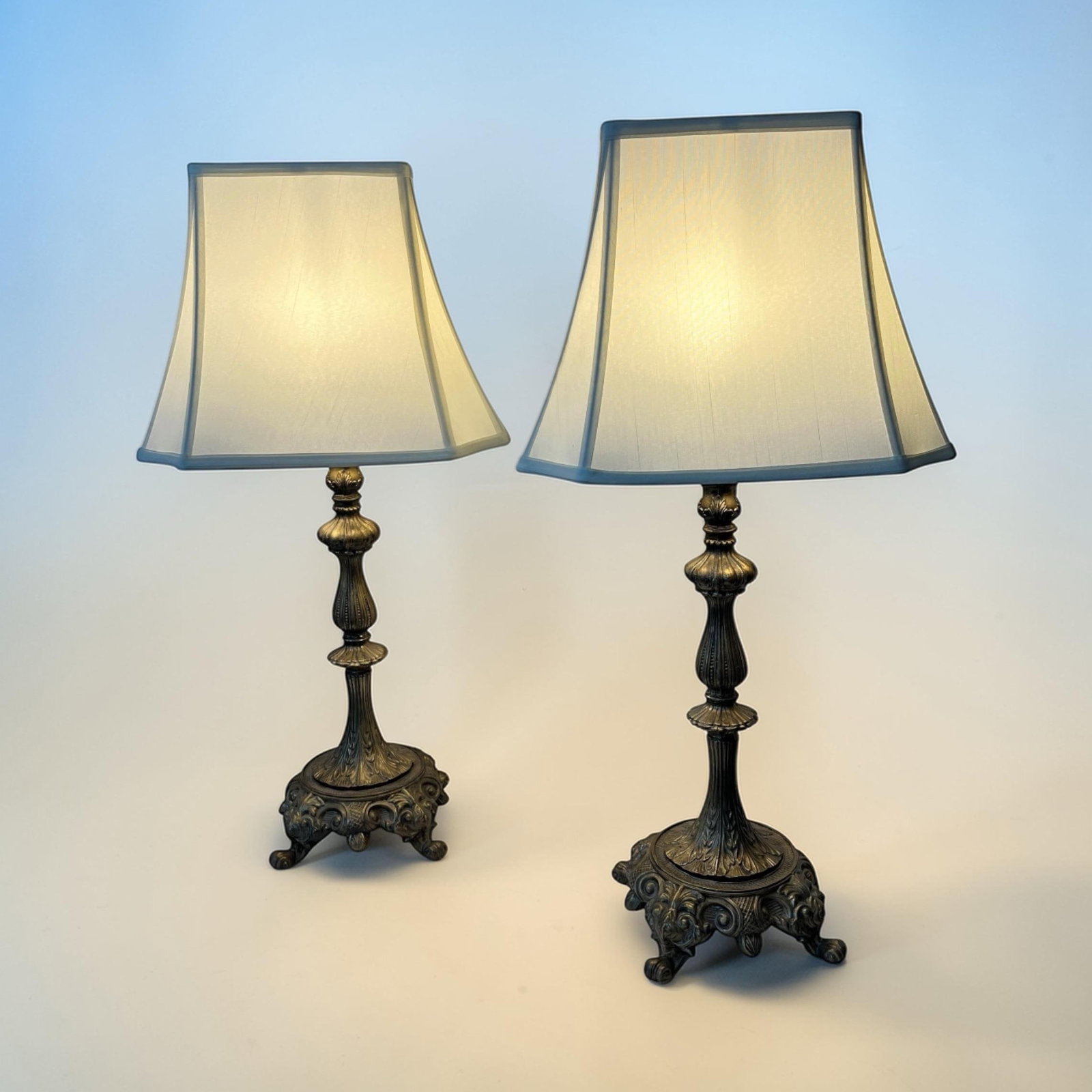 Mid 20th Century Gilt Metal Footed Baroque Style Lamps and Shades - A Pair - 2