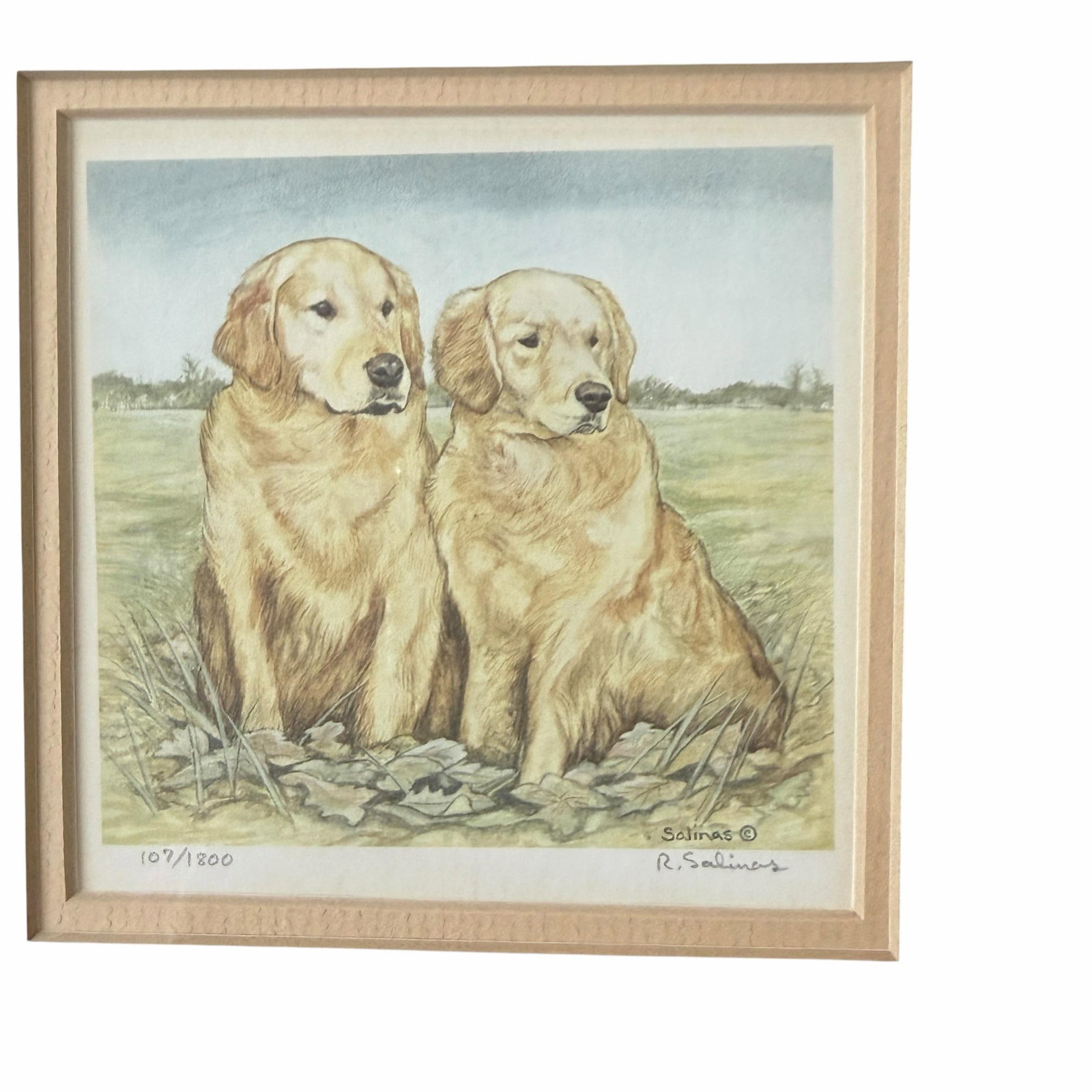 Vintage R. Salinas Signed, Numbered Print Lithograph of Two Golden Retrievers - 2