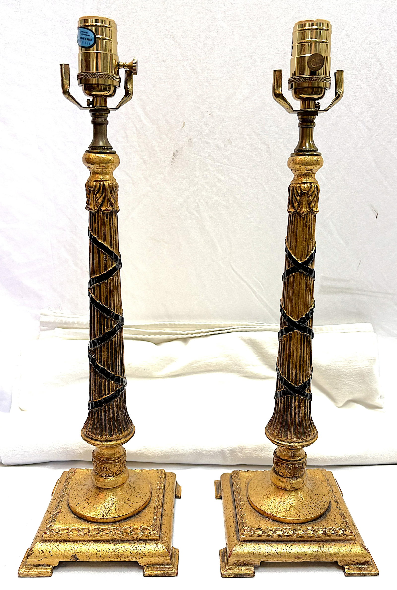Vintage Hollywood Regency Style Gold Leaf Column Candlestick Lamps- A Pair - 2