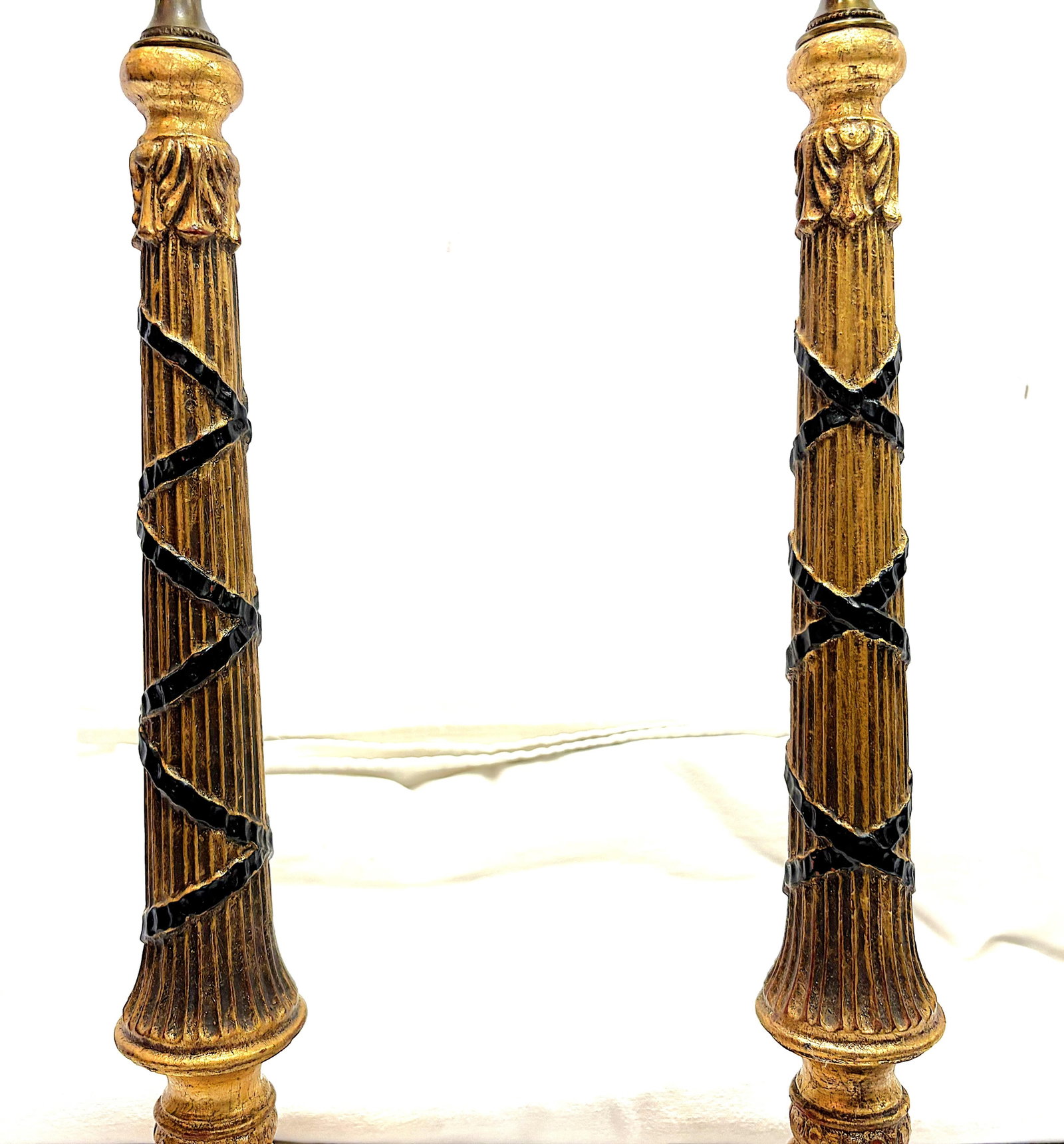 Vintage Hollywood Regency Style Gold Leaf Column Candlestick Lamps- A Pair - 3