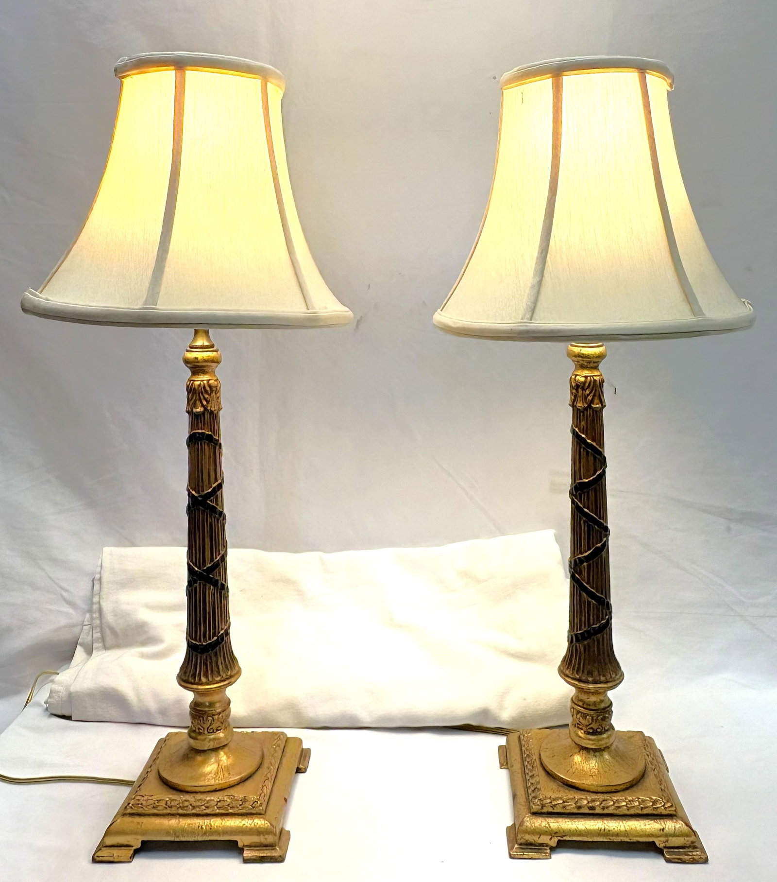 Vintage Hollywood Regency Style Gold Leaf Column Candlestick Lamps- A Pair - 4