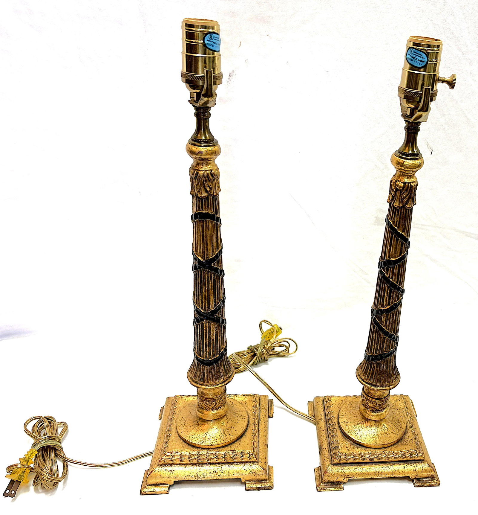 Vintage Hollywood Regency Style Gold Leaf Column Candlestick Lamps- A Pair - 5