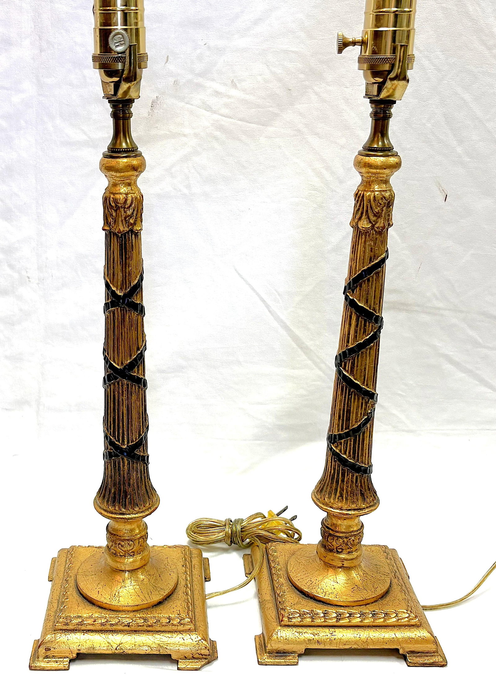 Vintage Hollywood Regency Style Gold Leaf Column Candlestick Lamps- A Pair - 6