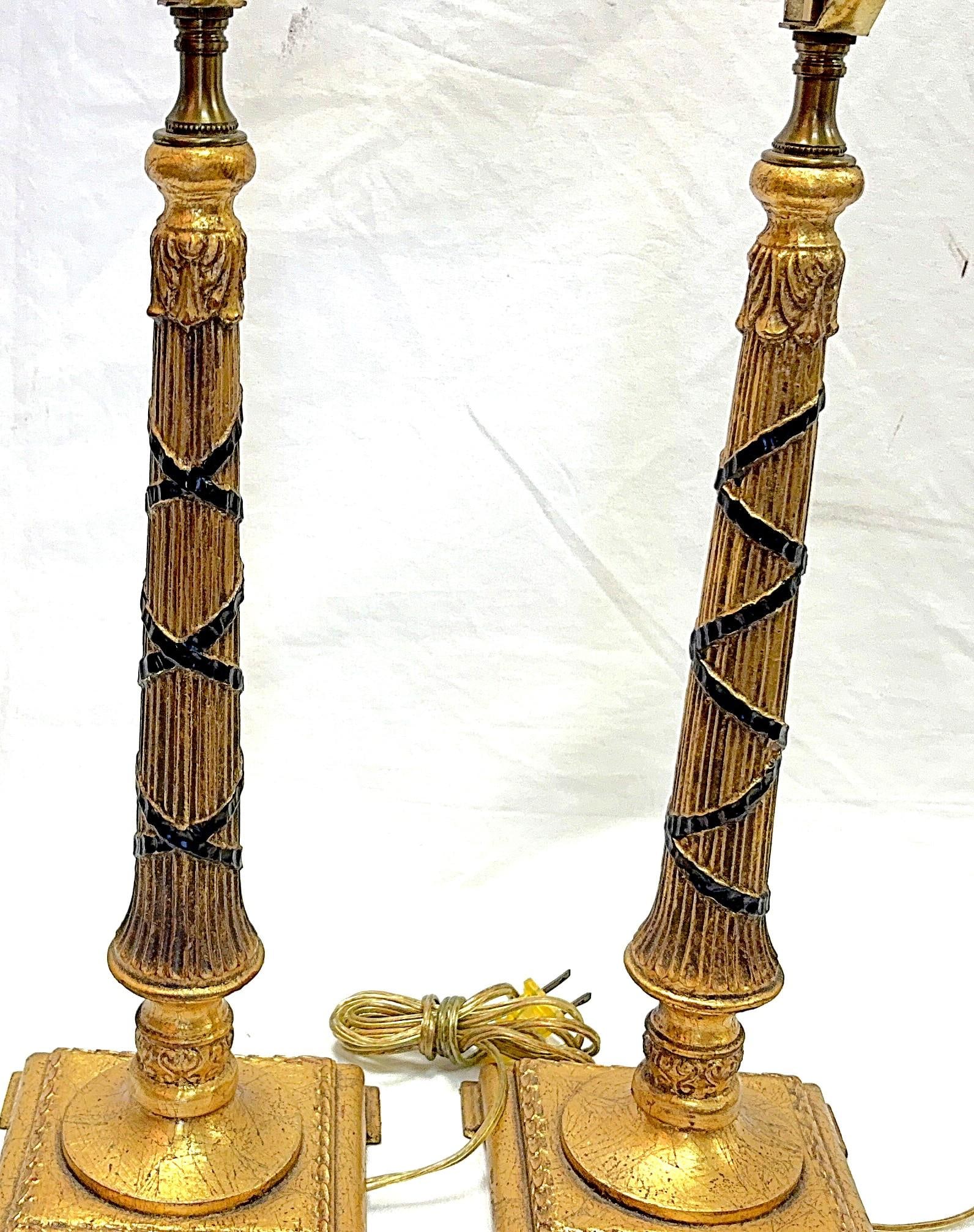 Vintage Hollywood Regency Style Gold Leaf Column Candlestick Lamps- A Pair - 7