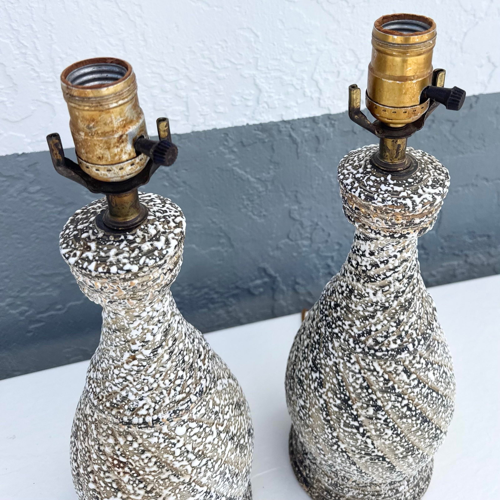 Mid Century Modern Splatter Glazed Swirl Table Lamps - A Pair - 3