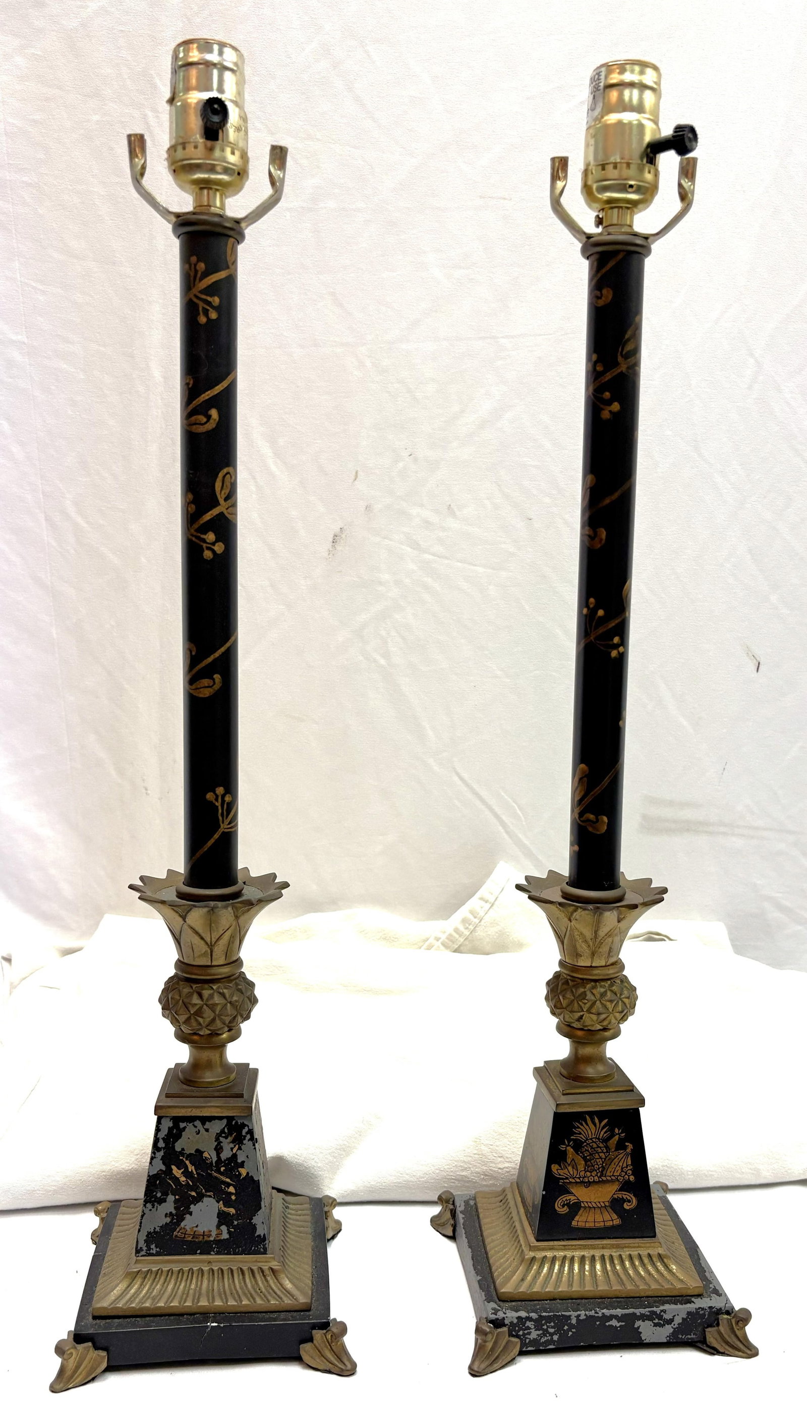 Vintage French Tole and Brass Candlestick Lamps With Pineapple Motif- A Pair - 2