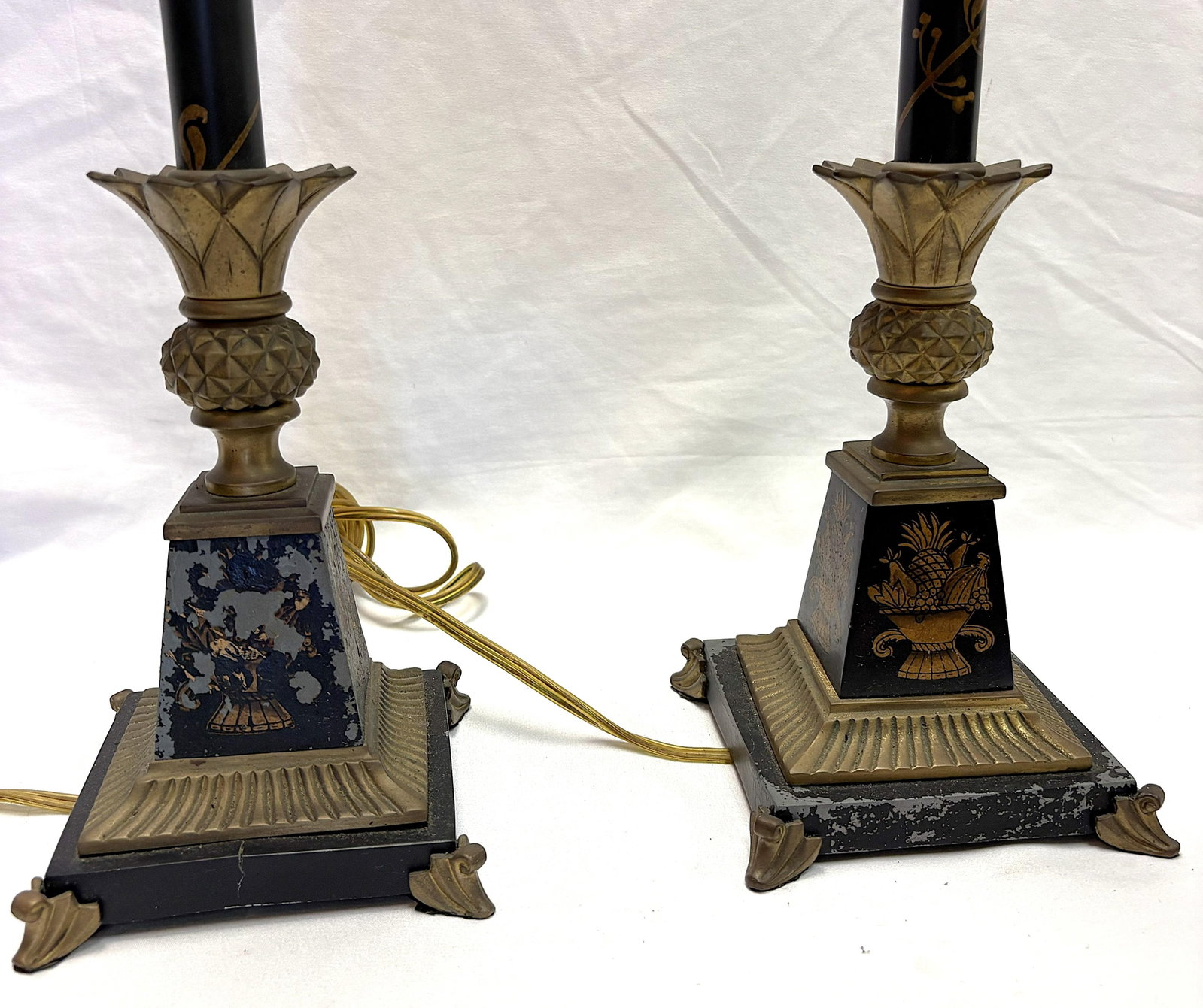 Vintage French Tole and Brass Candlestick Lamps With Pineapple Motif- A Pair - 7