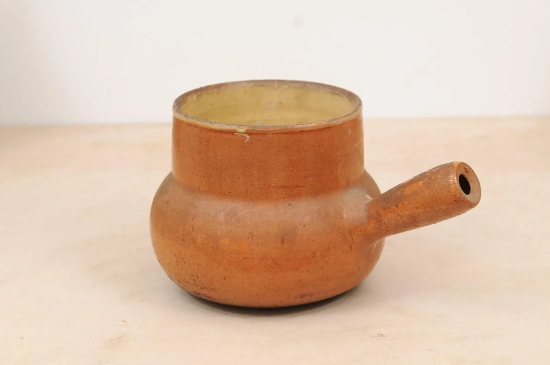 19th Century Rustic French Pottery Pot with Brown Glaze and Straight Handle - 2
