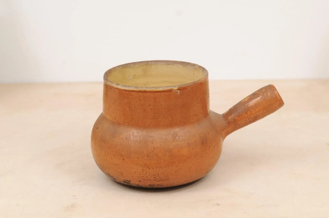 19th Century Rustic French Pottery Pot with Brown Glaze and Straight Handle - 3