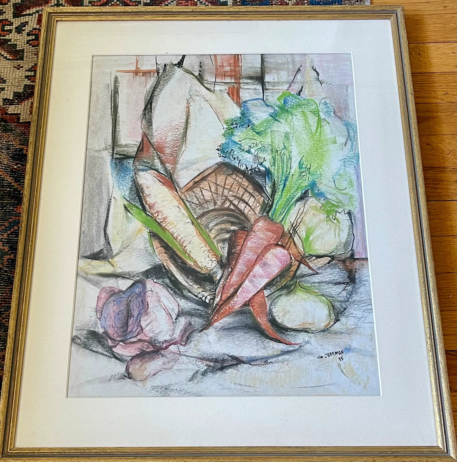 Original 1955 Still Life by William Oberman – Colored Charcoal, Framed - 2