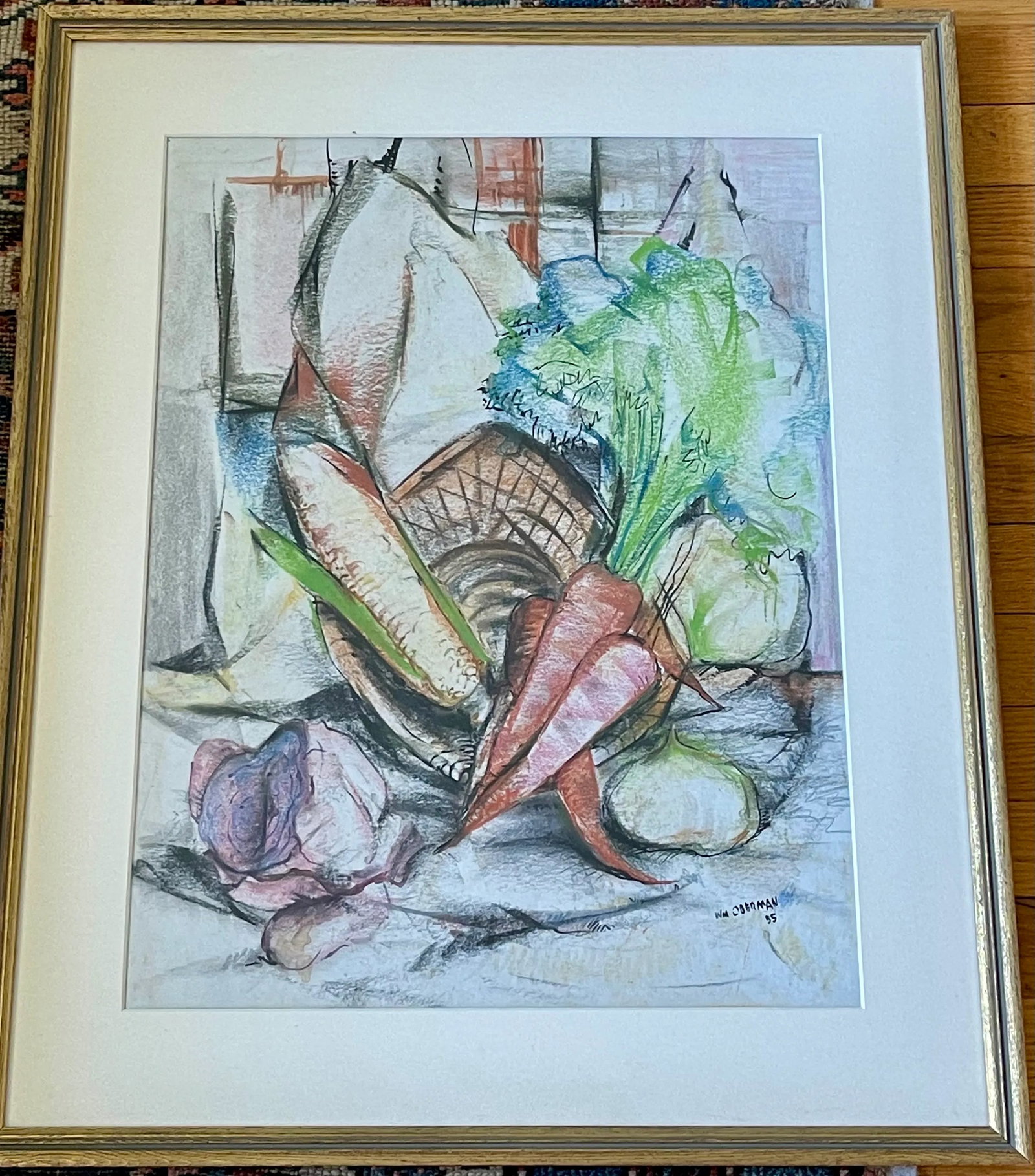 Original 1955 Still Life by William Oberman – Colored Charcoal, Framed - 3