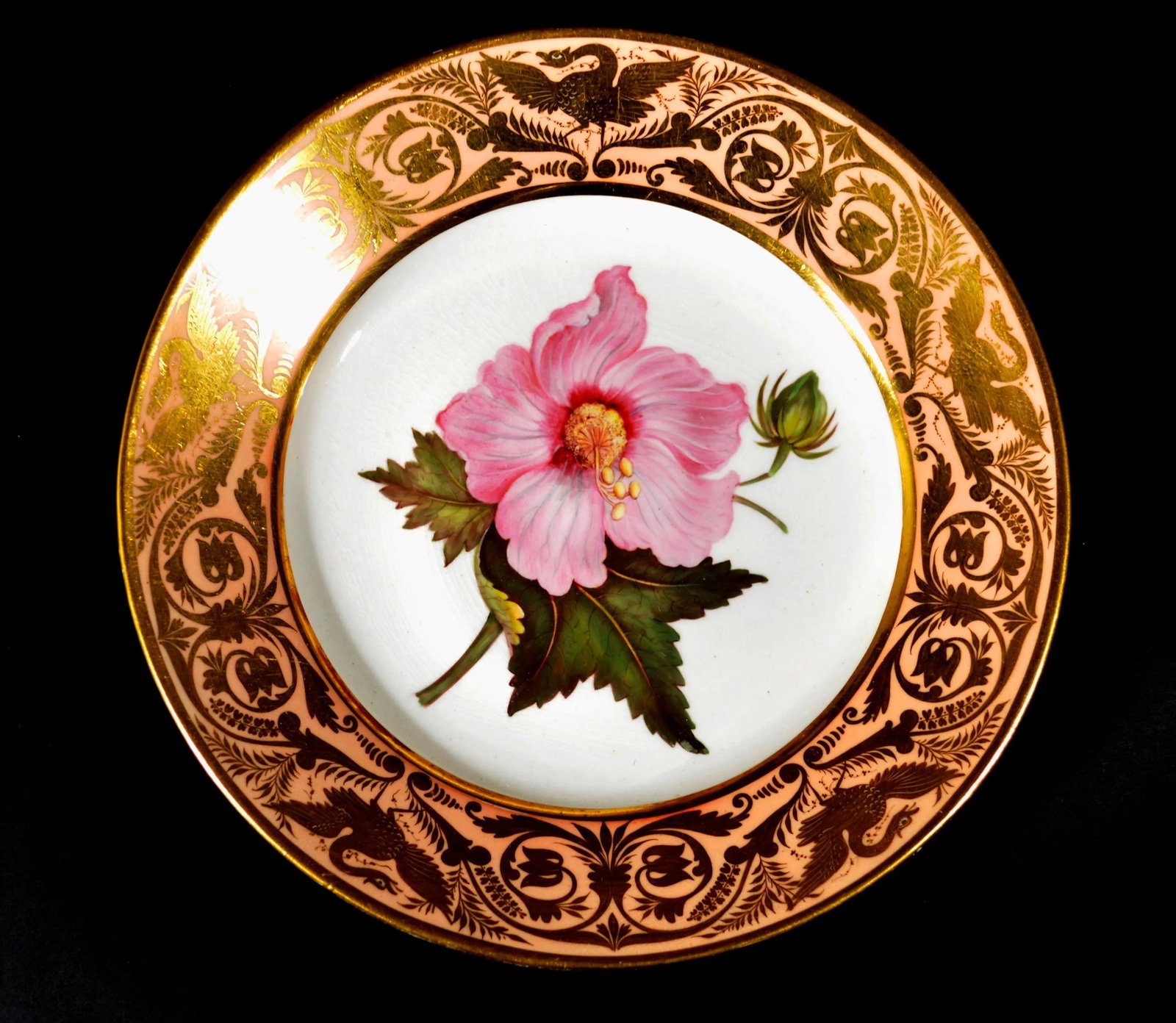 Antique Derby Porcelain Salmon Ground Plate, a Marsh Hibiscus, by John Brewer After William Curtis - 7