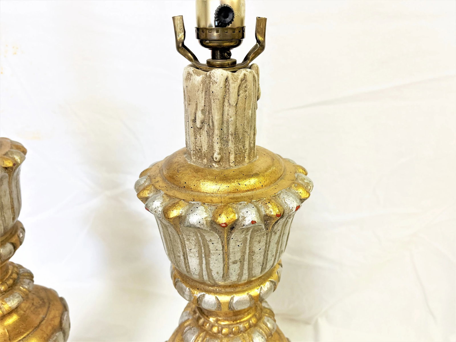 Vintage Italian Fluted Wood Silver and Gold Gilt Lamps- a Pair - 11