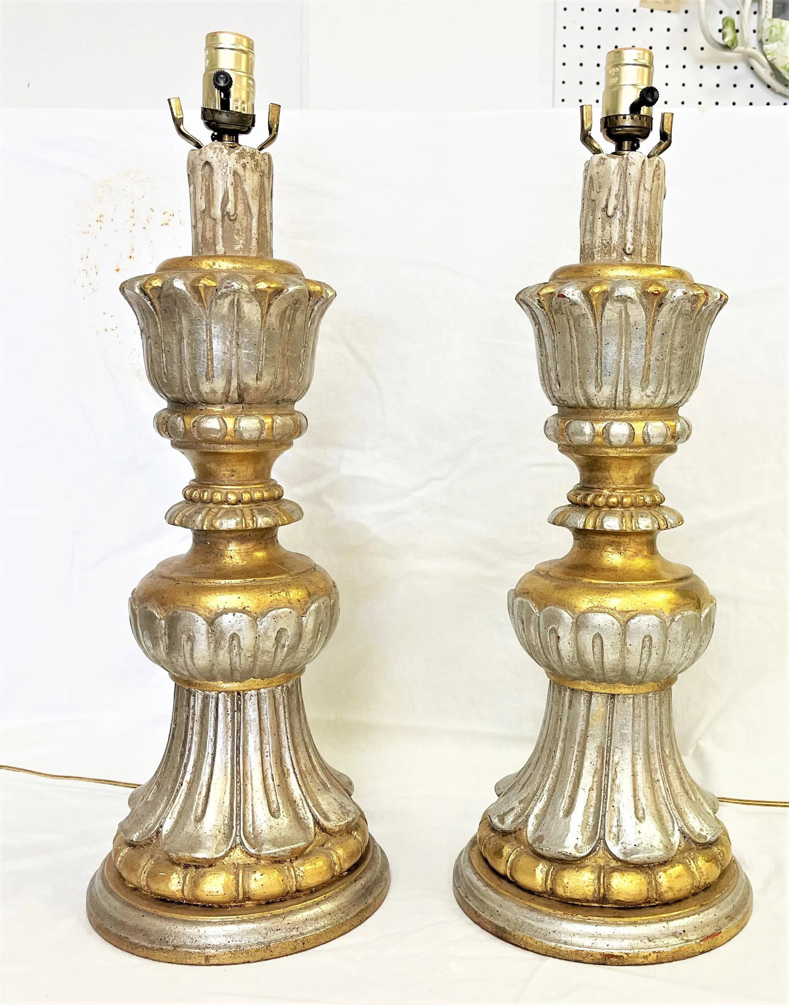 Vintage Italian Fluted Wood Silver and Gold Gilt Lamps- a Pair - 13
