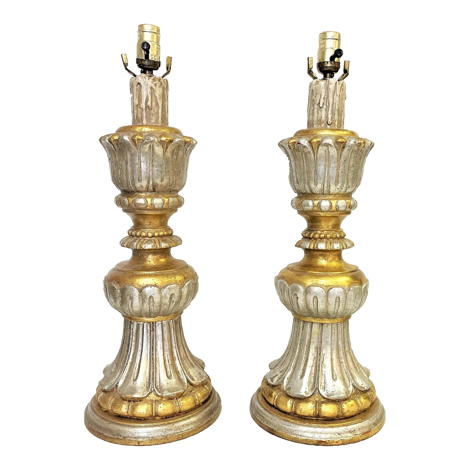 Vintage Italian Fluted Wood Silver and Gold Gilt Lamps- a Pair (1 of 13)