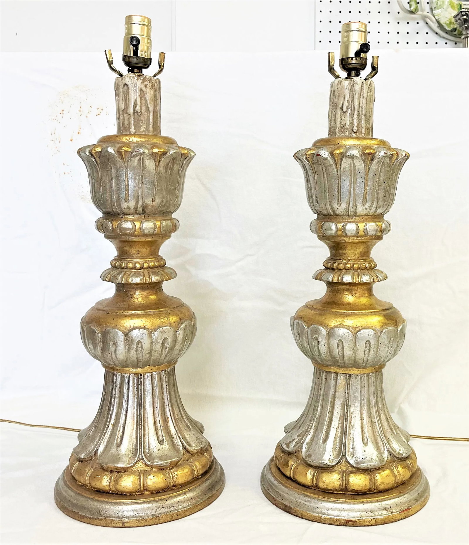 Vintage Italian Fluted Wood Silver and Gold Gilt Lamps- a Pair - 2