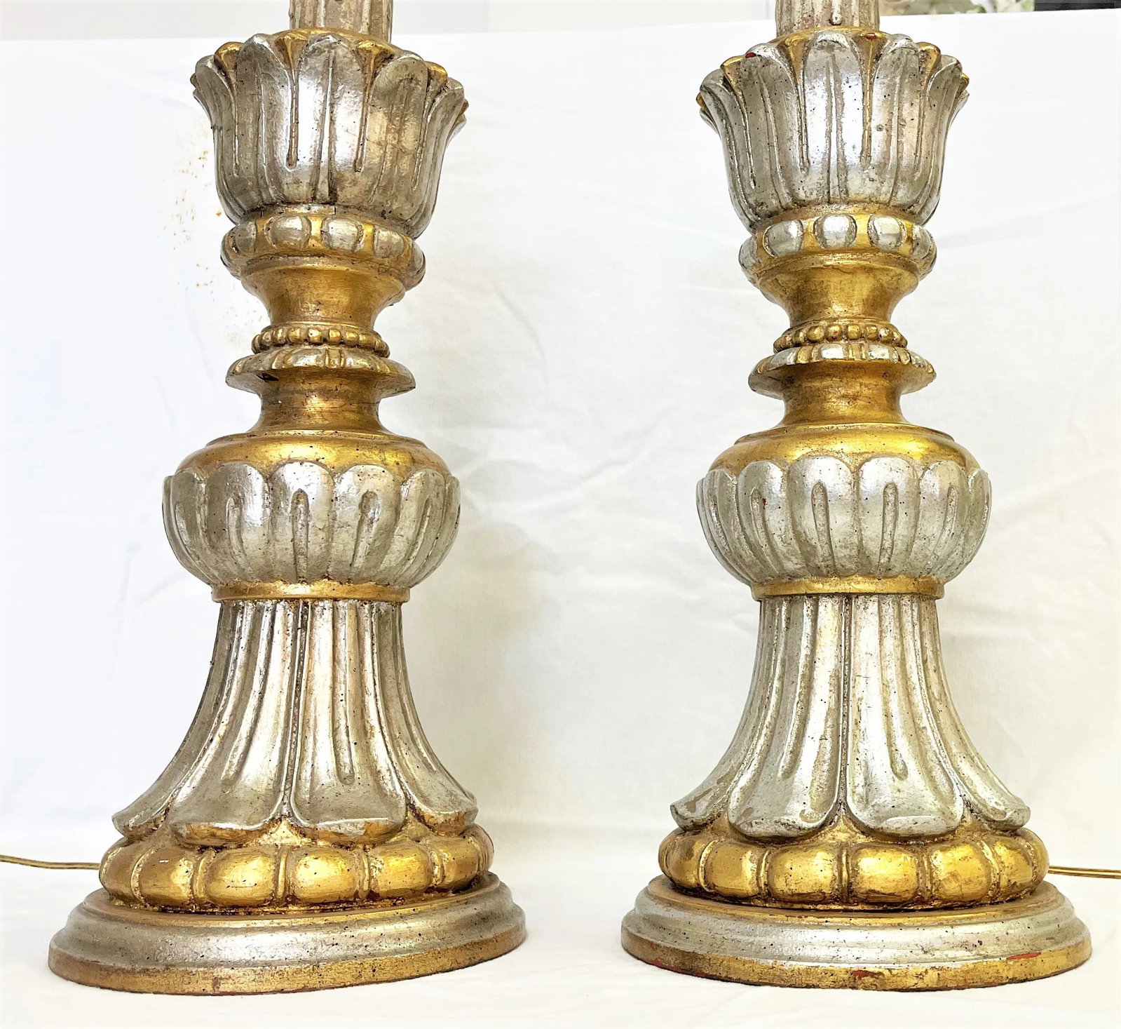 Vintage Italian Fluted Wood Silver and Gold Gilt Lamps- a Pair - 3