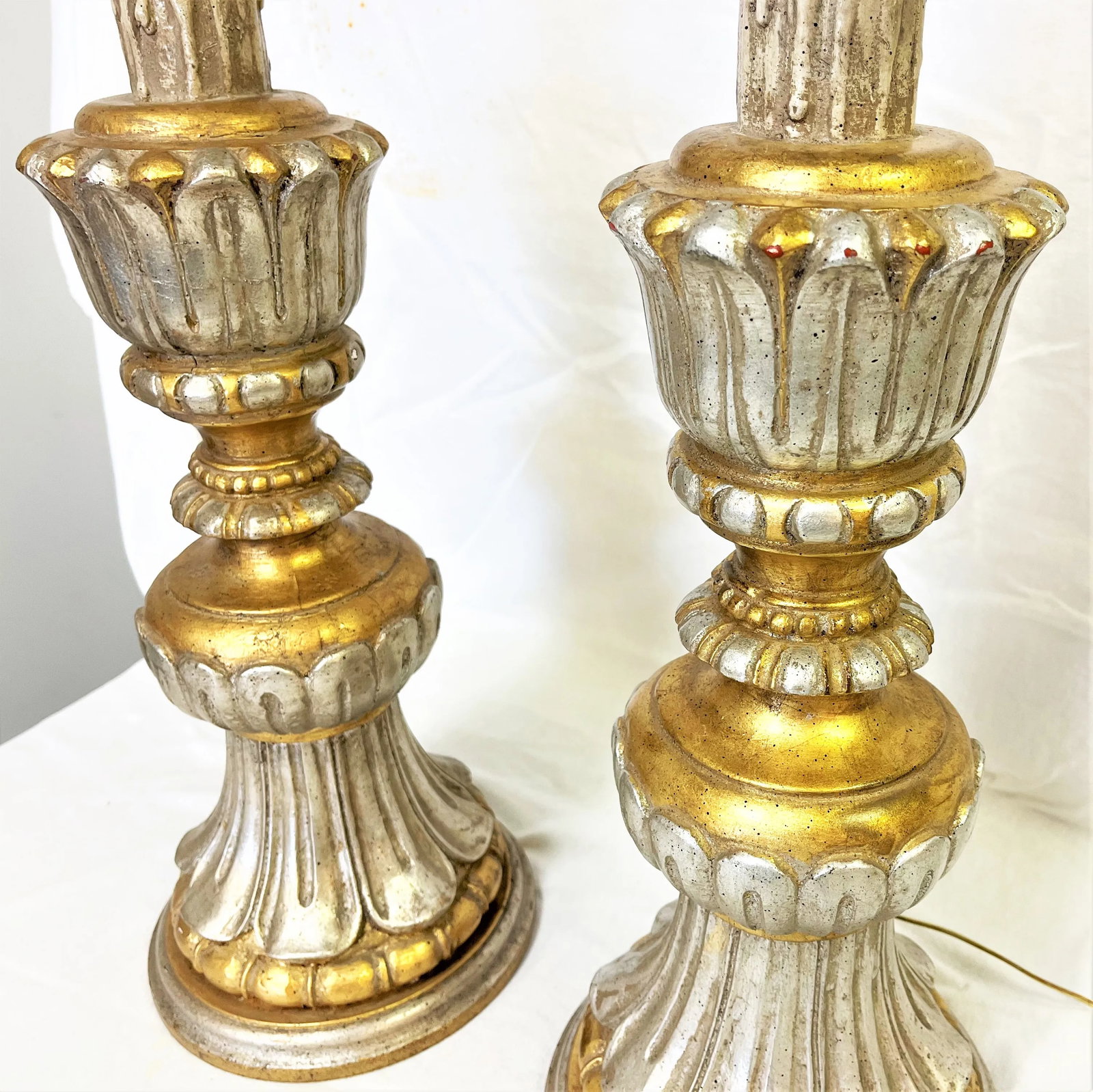Vintage Italian Fluted Wood Silver and Gold Gilt Lamps- a Pair - 5