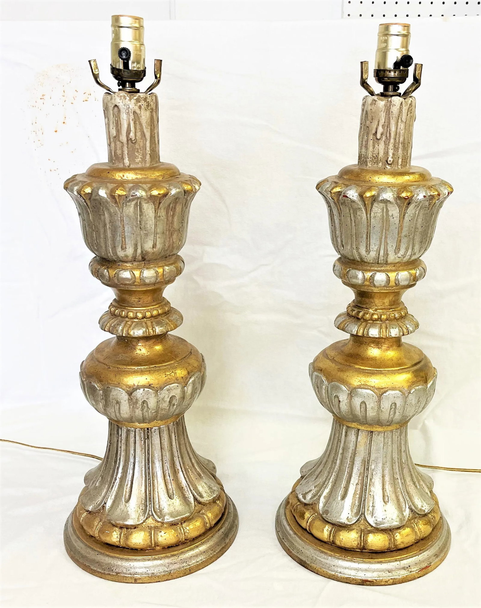 Vintage Italian Fluted Wood Silver and Gold Gilt Lamps- a Pair - 6