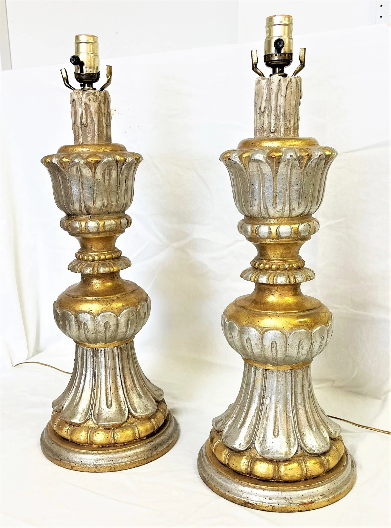 Vintage Italian Fluted Wood Silver and Gold Gilt Lamps- a Pair - 7
