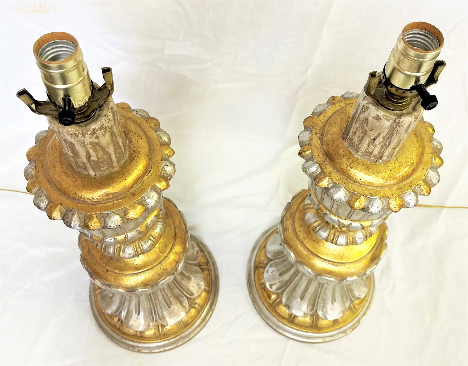 Vintage Italian Fluted Wood Silver and Gold Gilt Lamps- a Pair - 8