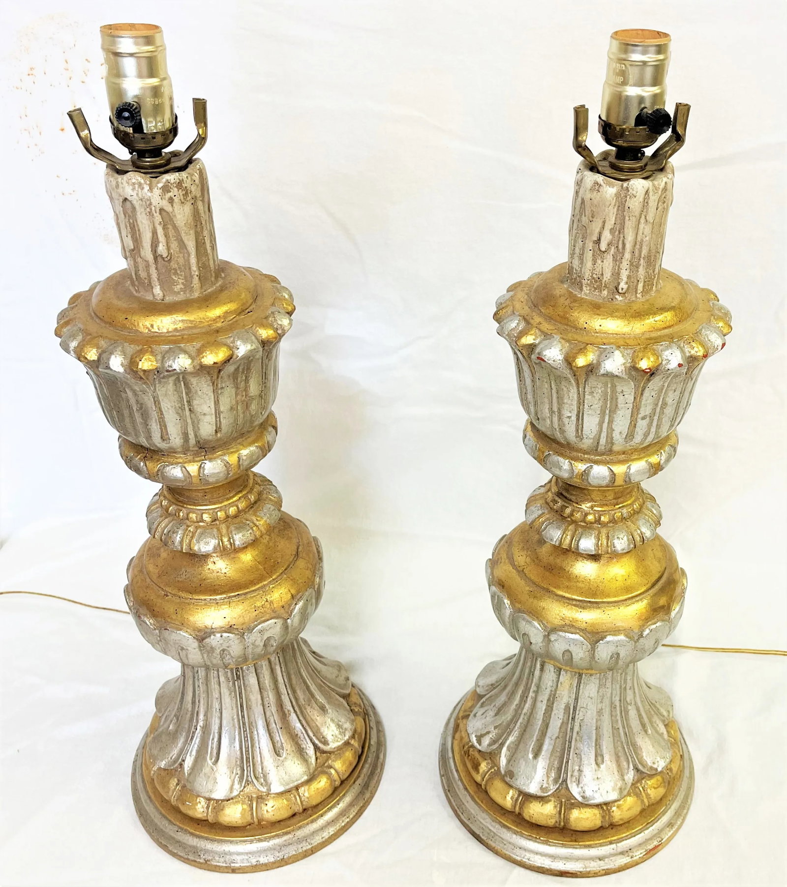 Vintage Italian Fluted Wood Silver and Gold Gilt Lamps- a Pair - 9