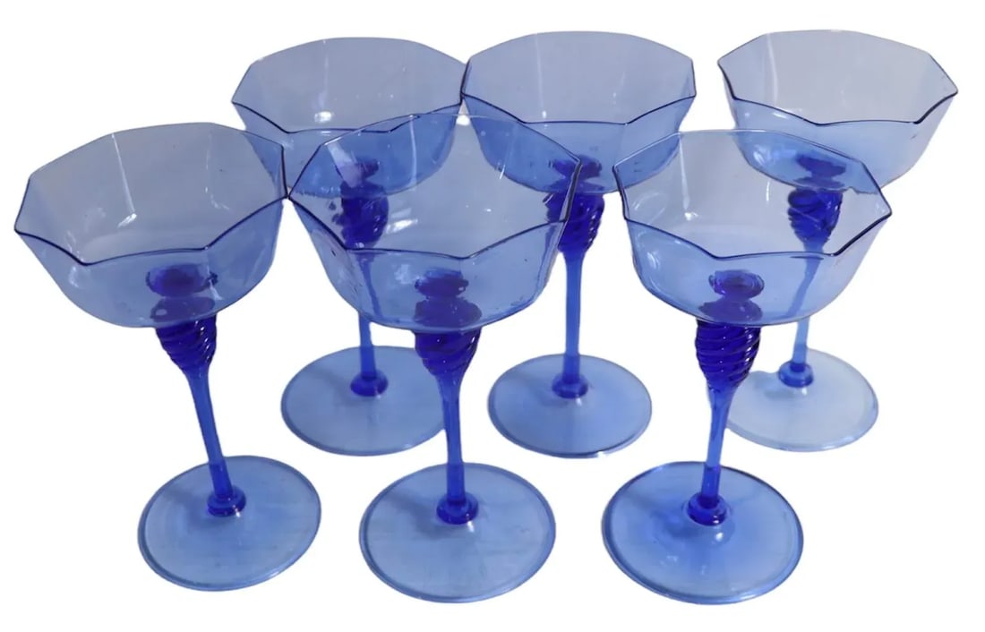 Set of 6 Murano Octagonal Wine Glasses in Blue Glass After Salviati - 9