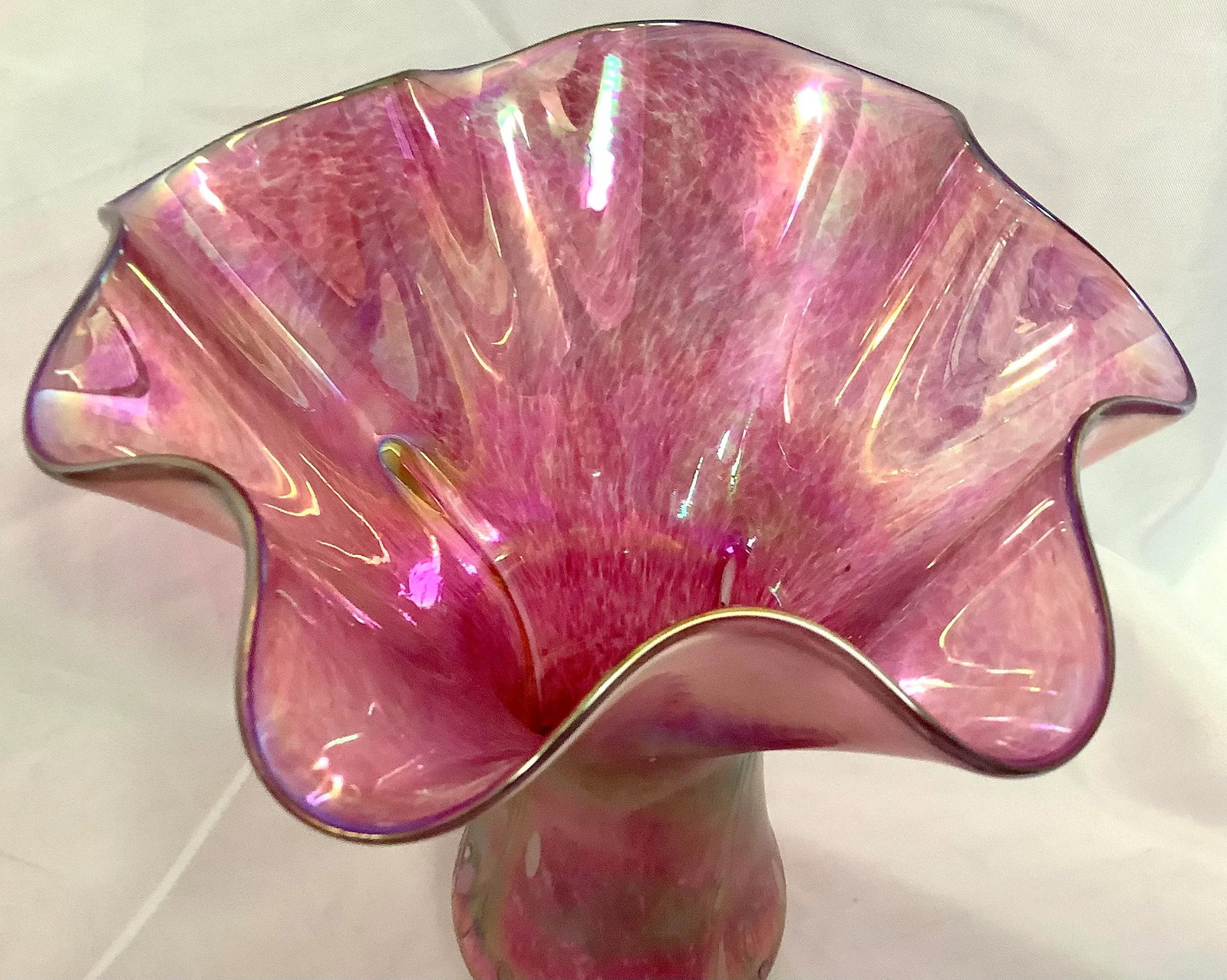 Loetz-Style Handblown Iridescent Cranberry Vase With Ruffled Rim - 6