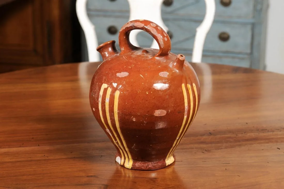 Rustic French 19th Century Pottery Jug with Russet Ground and Yellow Stripes - 2