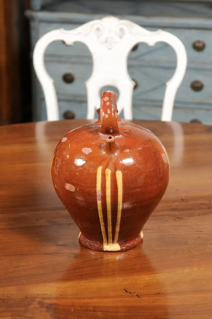 Rustic French 19th Century Pottery Jug with Russet Ground and Yellow Stripes - 3