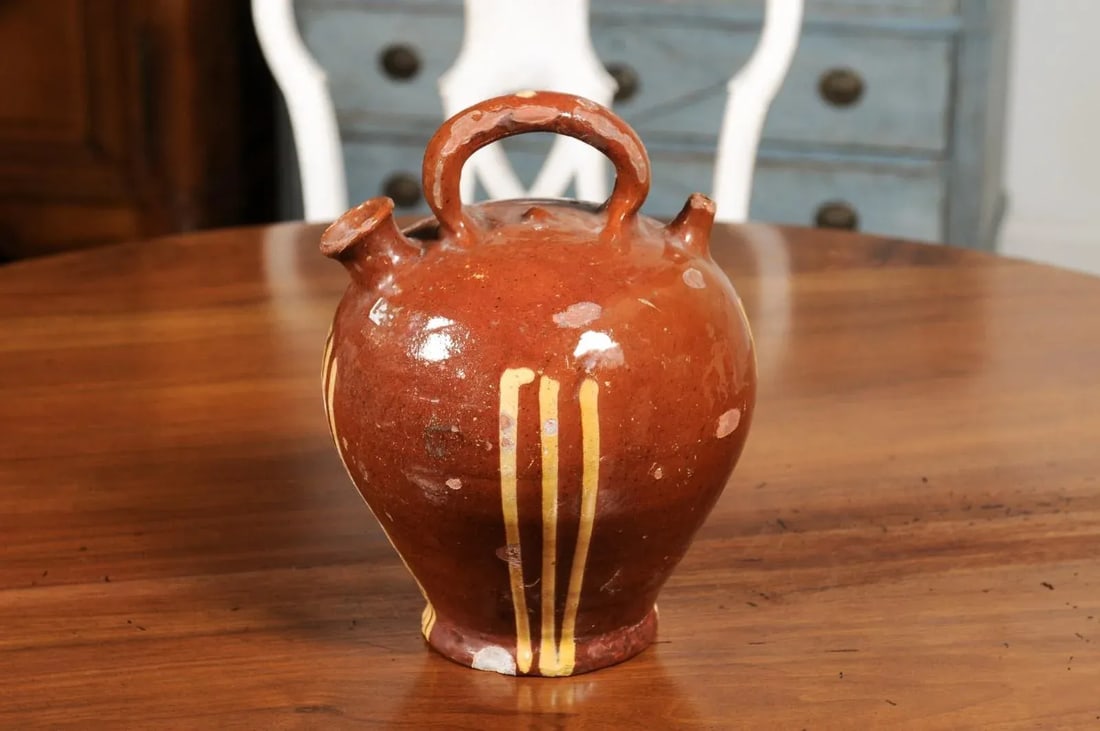 Rustic French 19th Century Pottery Jug with Russet Ground and Yellow Stripes - 4