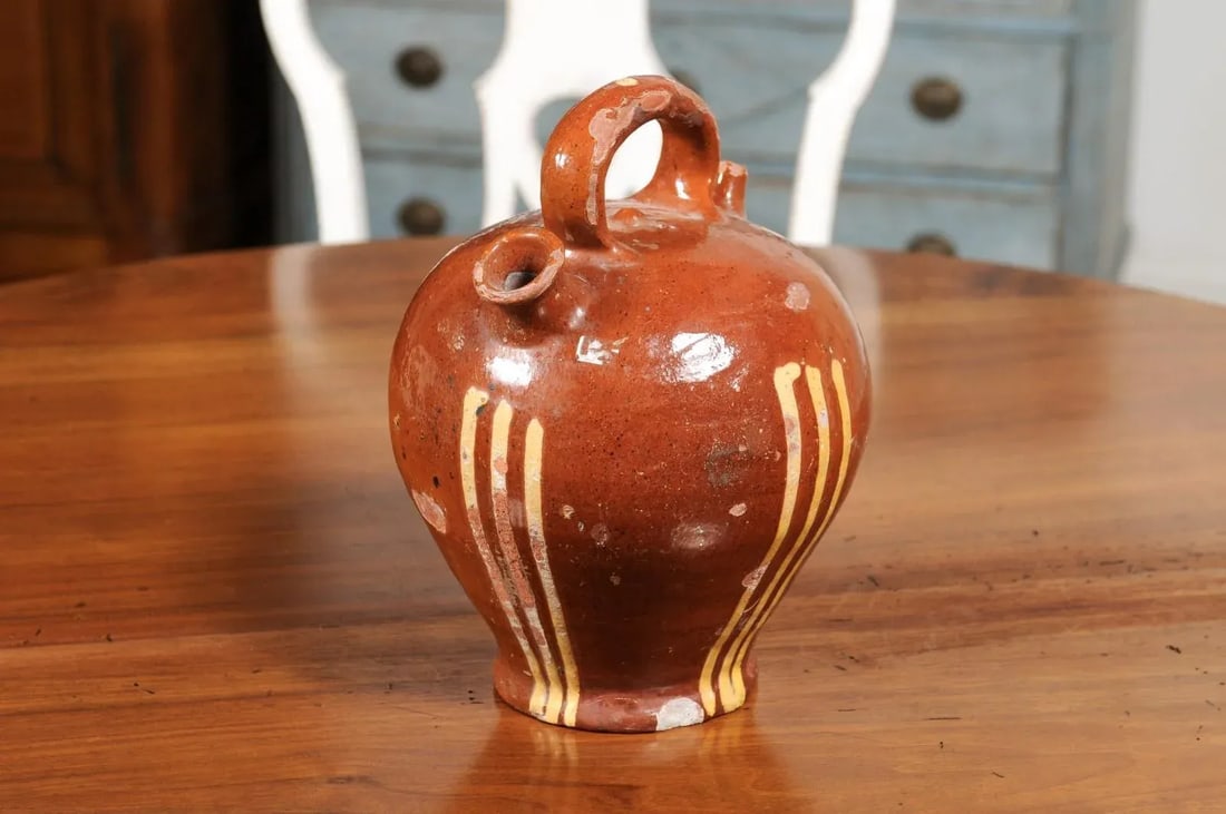 Rustic French 19th Century Pottery Jug with Russet Ground and Yellow Stripes - 5