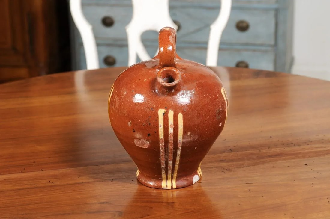 Rustic French 19th Century Pottery Jug with Russet Ground and Yellow Stripes - 6