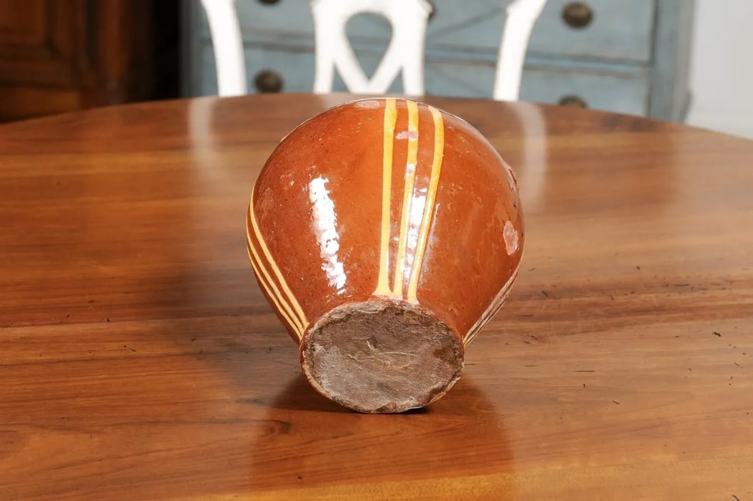Rustic French 19th Century Pottery Jug with Russet Ground and Yellow Stripes - 7