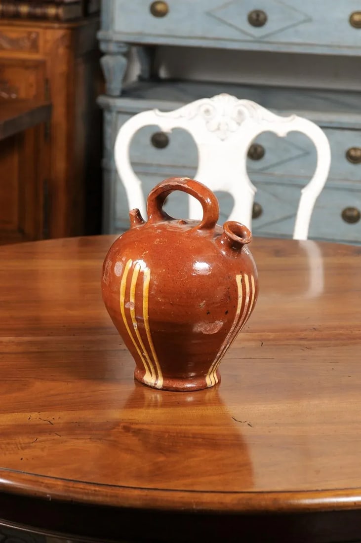 Rustic French 19th Century Pottery Jug with Russet Ground and Yellow Stripes - 8