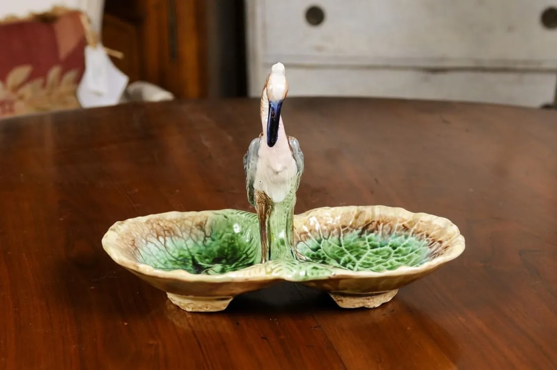 French 19th Century Majolica Two Part Serving Tray with Grey Heron Motif - 2
